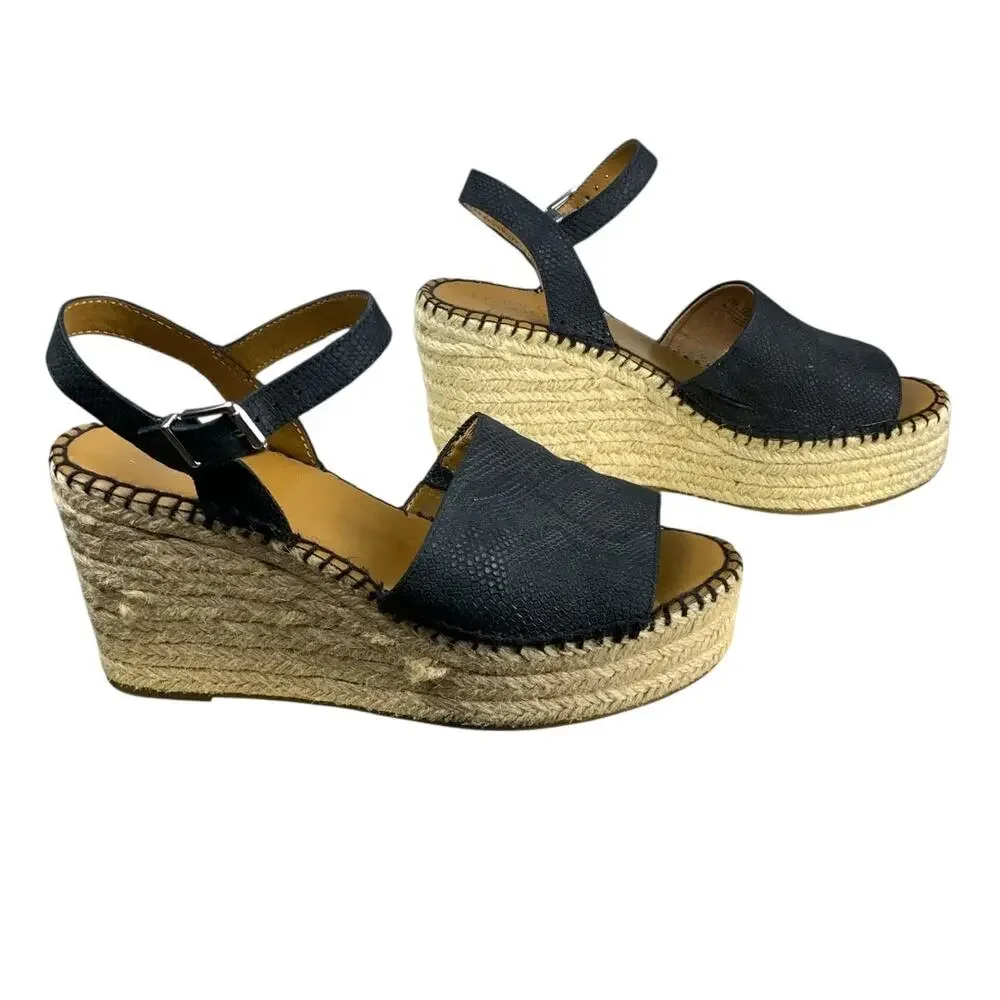 Franco Sarto Black Snakeprint Platform Espadrille Sandals 8.5 Leathr